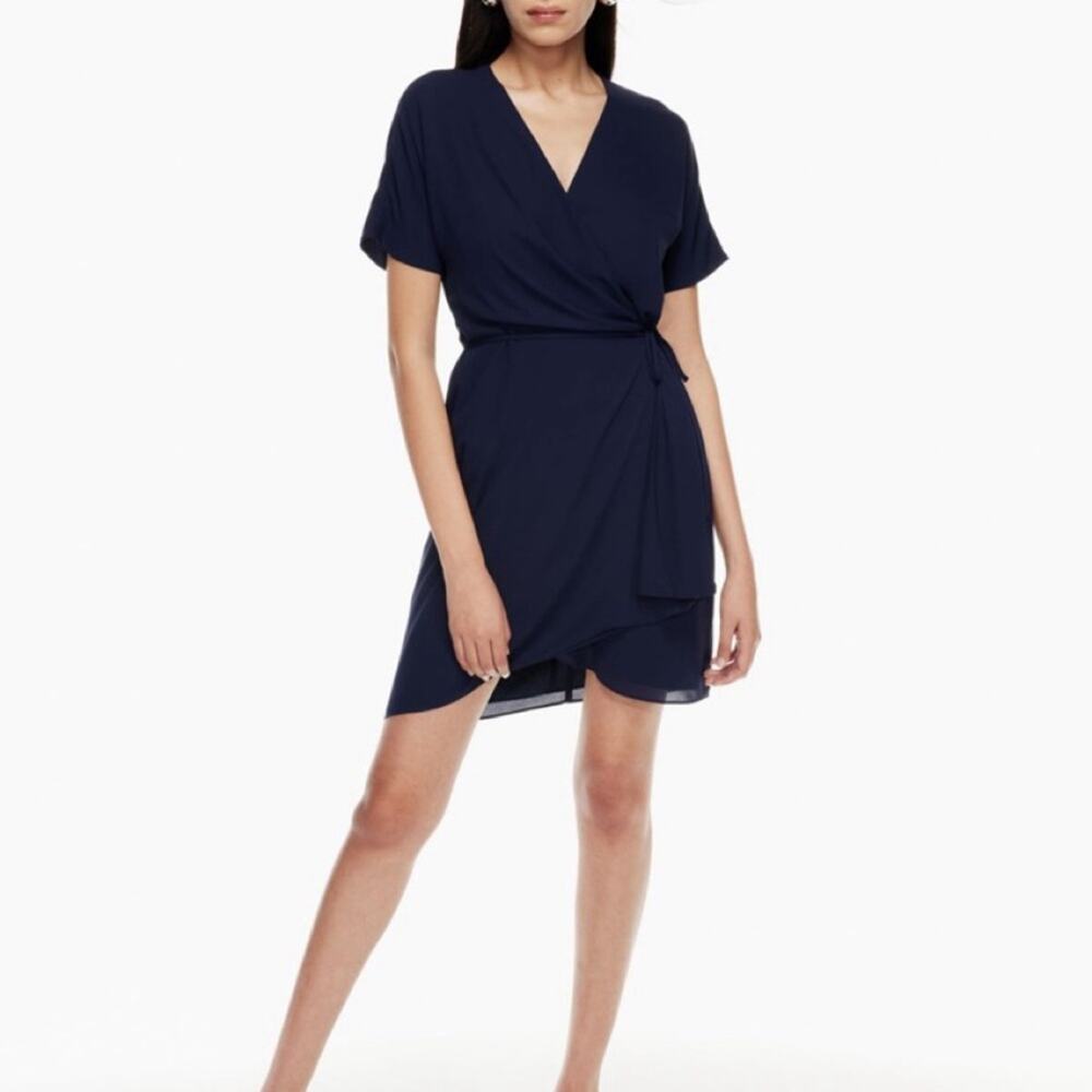 Babaton Aritzia Wallace Navy Chiffon Flowy Wrap Mini Dress Size XS New with Tags